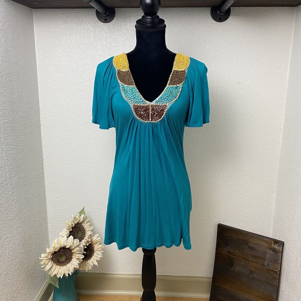 Teal Flowy Blouse w Beaded V-Neck Neckline